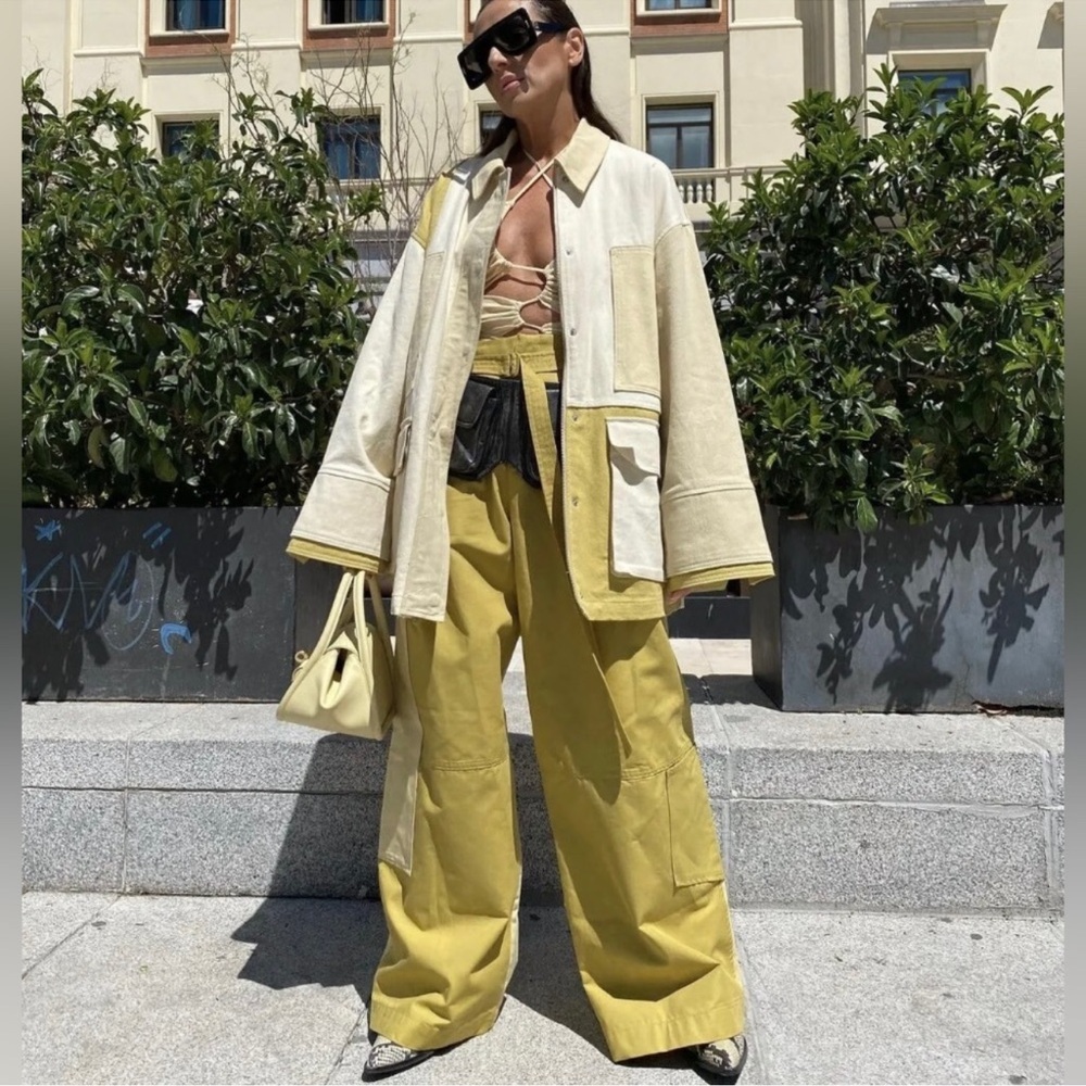 Zara Gabardine olive Cream Textured Jacket M